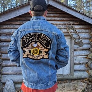 Levis Vintage Jean Jacket with Maine Harley Biker BackpatchTrucker Red Tab XL